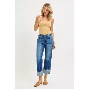 RISEN High Rise Straight Jeans with Distressed Hem